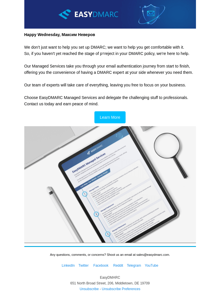 Письмо компании «EasyDMARC» на тему «EasyDMARC Managed Services: Deployment and Maintenance»