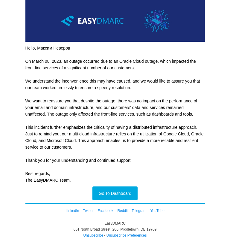 Письмо компании «EasyDMARC» на тему «Important Update: EasyDMARC Services Back Online After Outage»