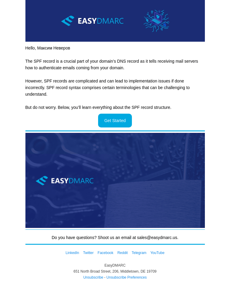 Письмо компании «EasyDMARC» на тему «SPF Record Syntax: Structure and Components»