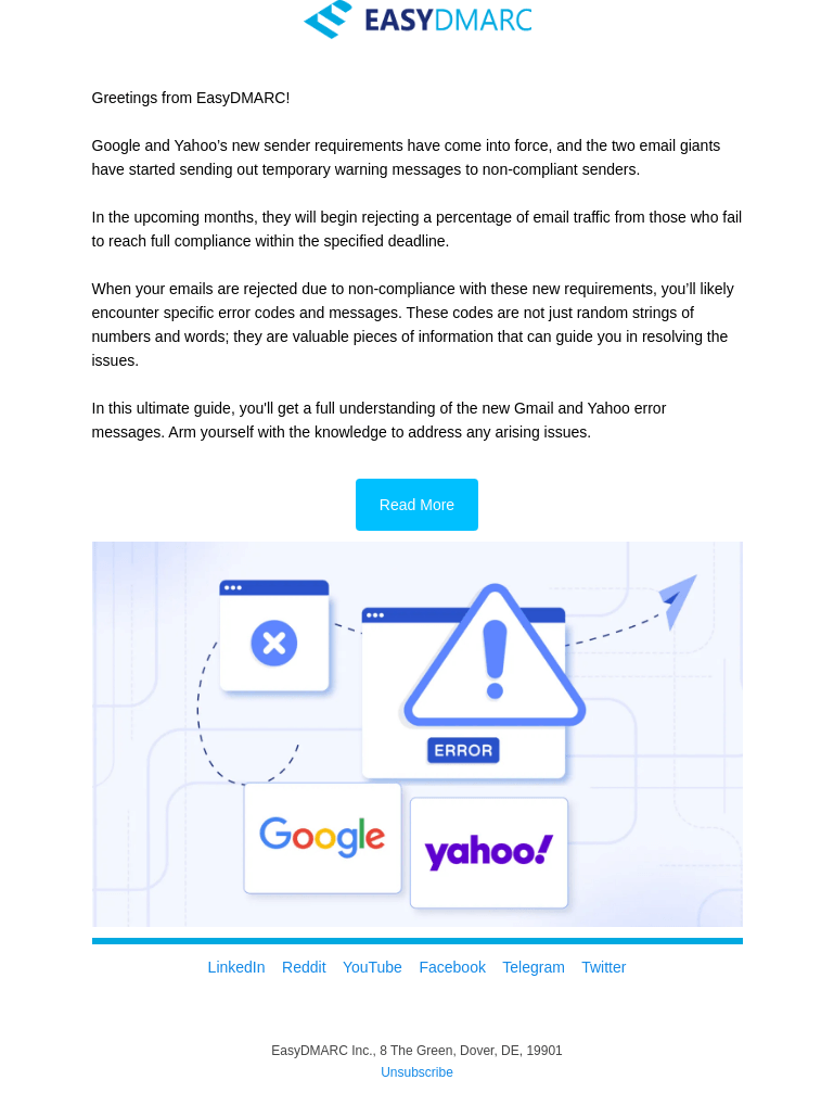 Письмо компании «EasyDMARC» на тему «Gmail And Yahoo Error Codes [Full Guide]»