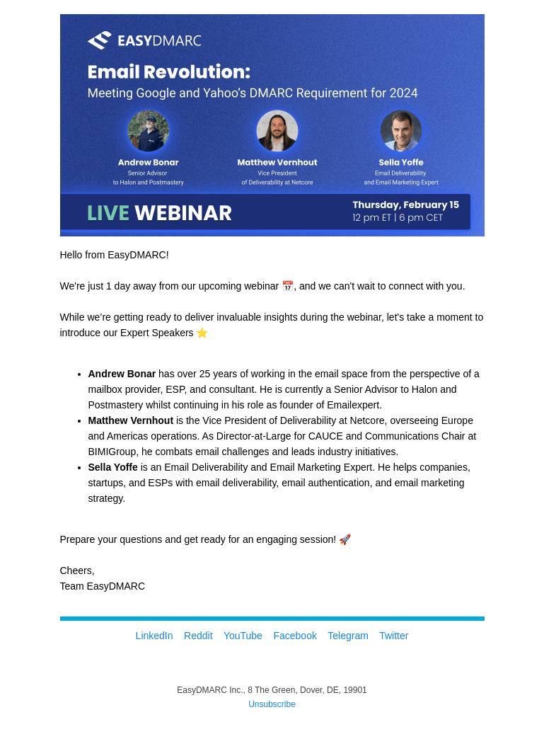 Письмо компании «EasyDMARC» на тему «[Meet Our Expert Speakers] Webinar On Google And »
