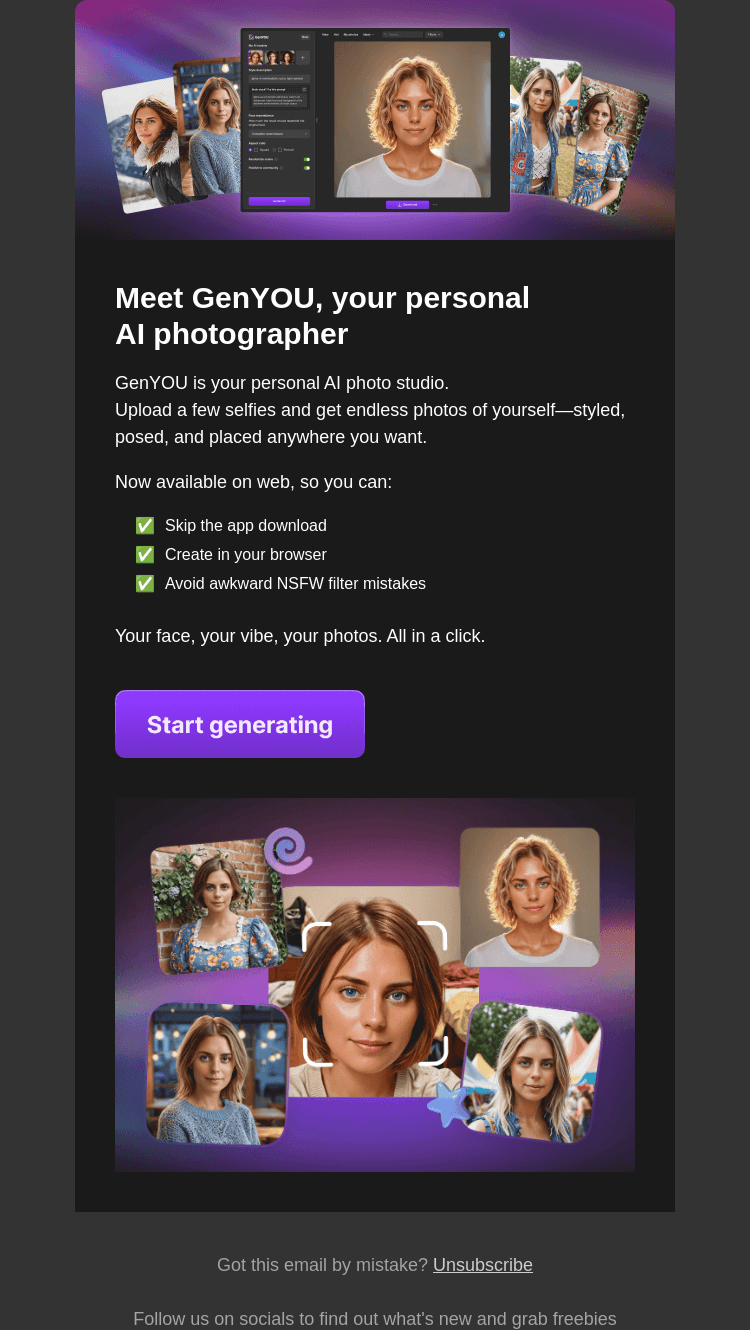 Письмо компании «Generated Photos team» на тему «AI-generated photos that actually look like you»