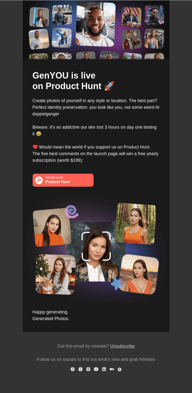 Письмо компании «Generated Photos team» на тему «🚀  GenYOU is live on Product Hunt!»