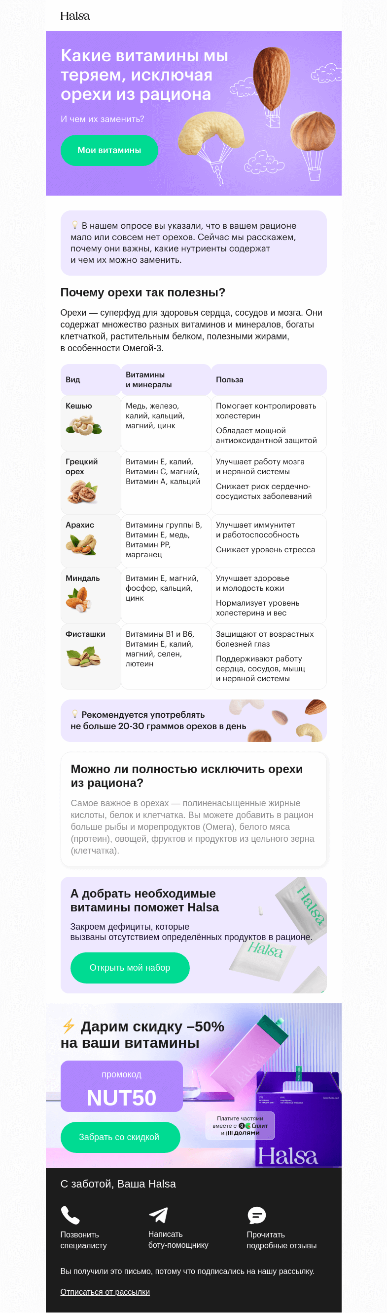 Письмо компании «Halsa» на тему «В вашем рационе нет орехов? 🌰»