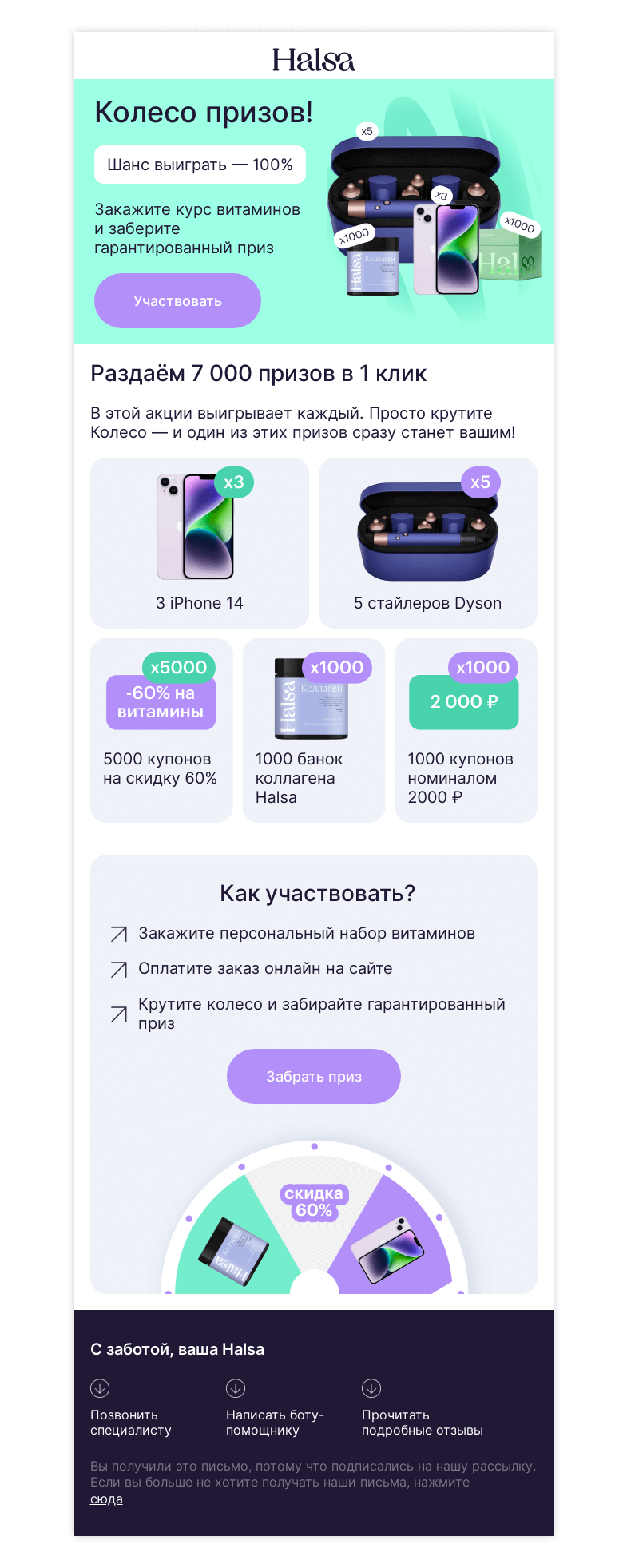 Письмо компании «Halsa» на тему «🎁 Дарим iPhone за покупку витаминов!»