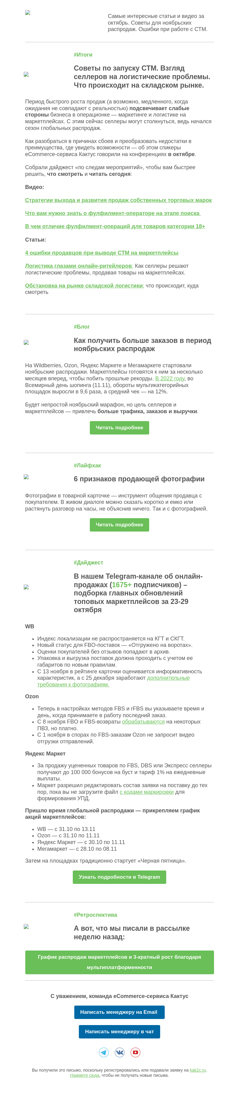 Письмо компании «Кактус» на тему «Ноябрьские распродажи: лайфхаки и ошибки селлеров и интернет-магазинов»