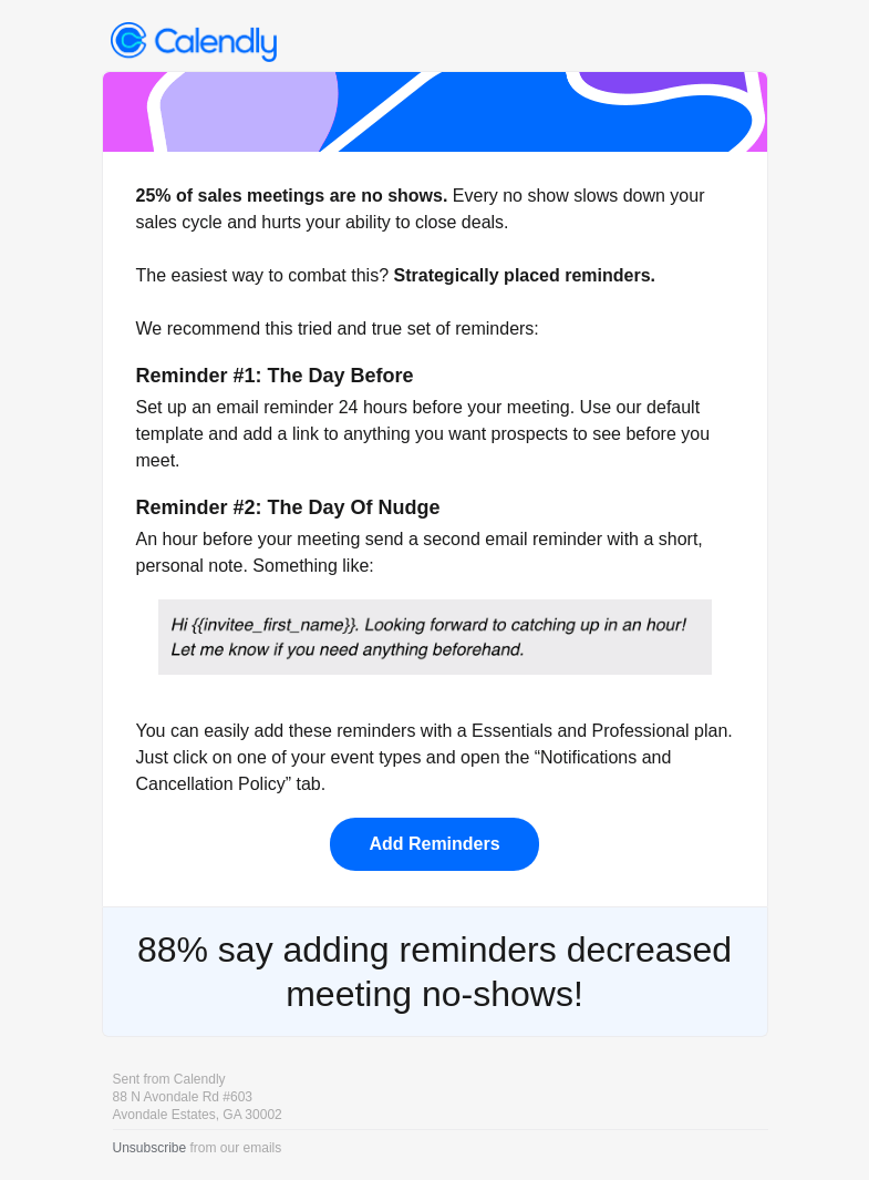 Письмо компании «Calendly» на тему «The best way to reduce no shows»