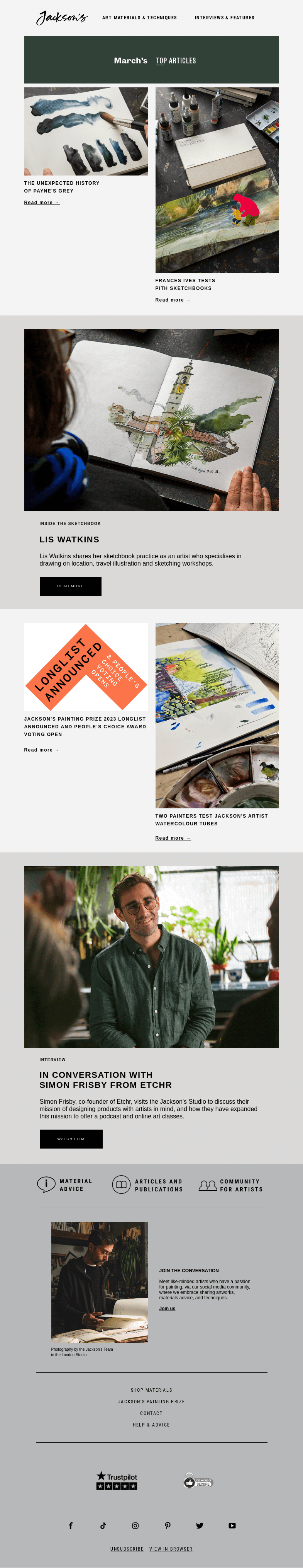 Письмо компании «Jackson's Art» на тему «March's Top Articles»