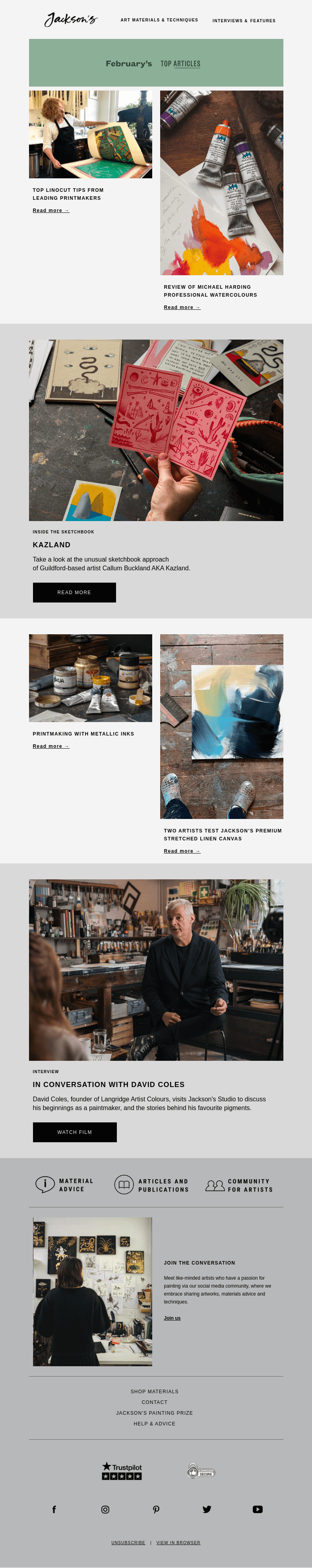 Письмо компании «Jackson's Art» на тему «February's Top Articles»