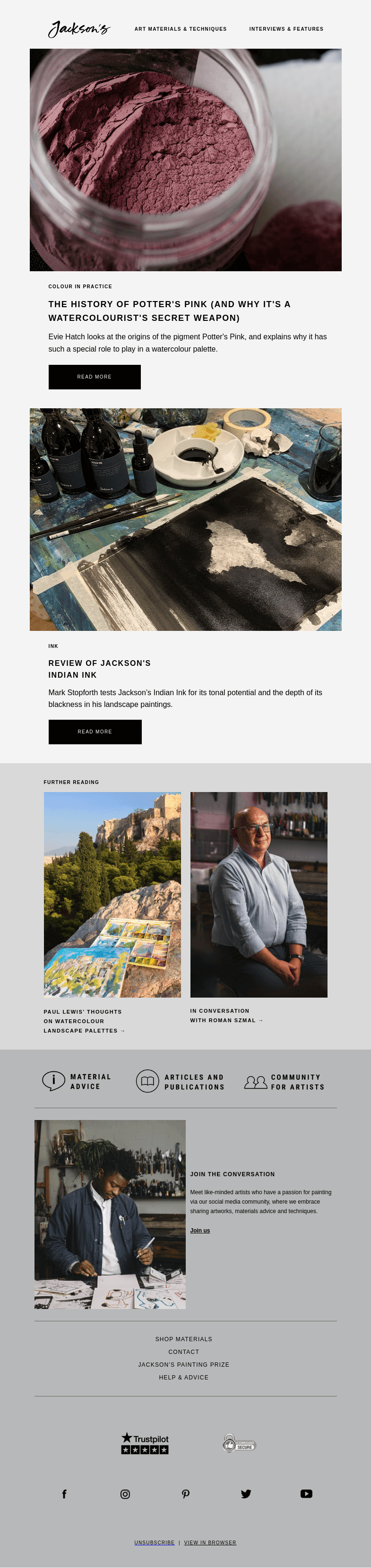 Письмо компании «Jackson's Art» на тему «The History of Potter's Pink (a watercolourist's secret weapon)»