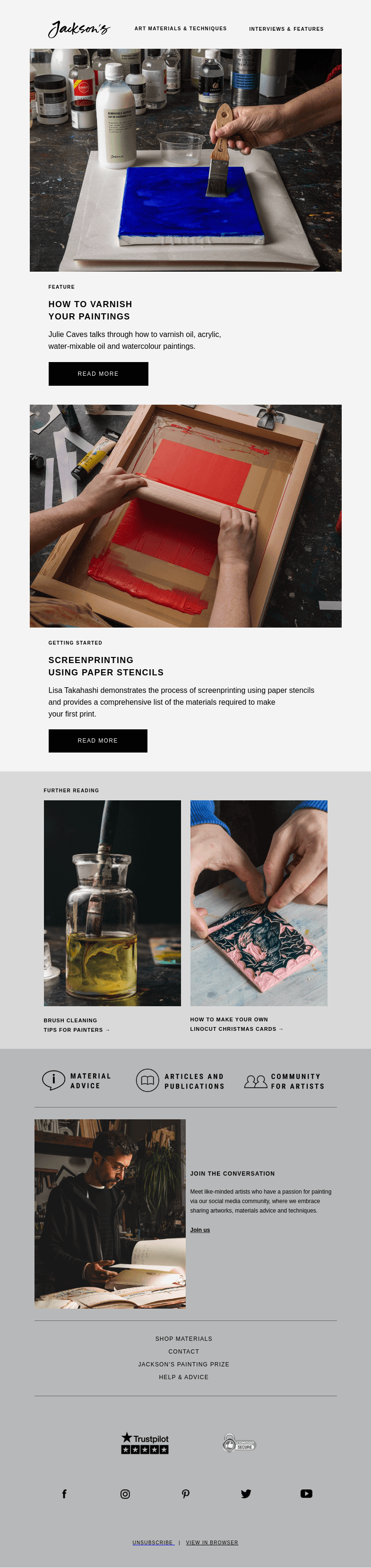 Письмо компании «Jackson's Art» на тему «How to Varnish Oil, Acrylic, Water-Mixable Oil and Watercolour
 Paintings»