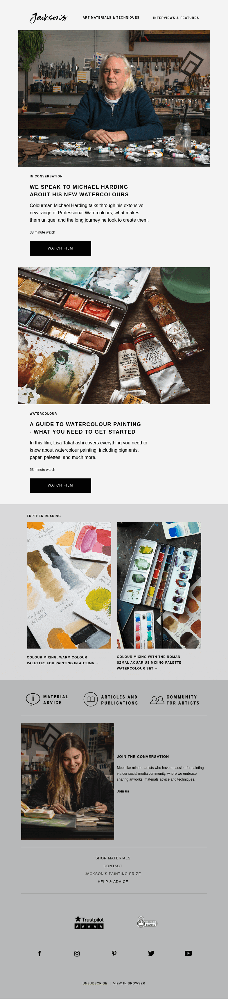 Письмо компании «Jackson's Art» на тему «We Speak to Michael Harding About His New Watercolours»