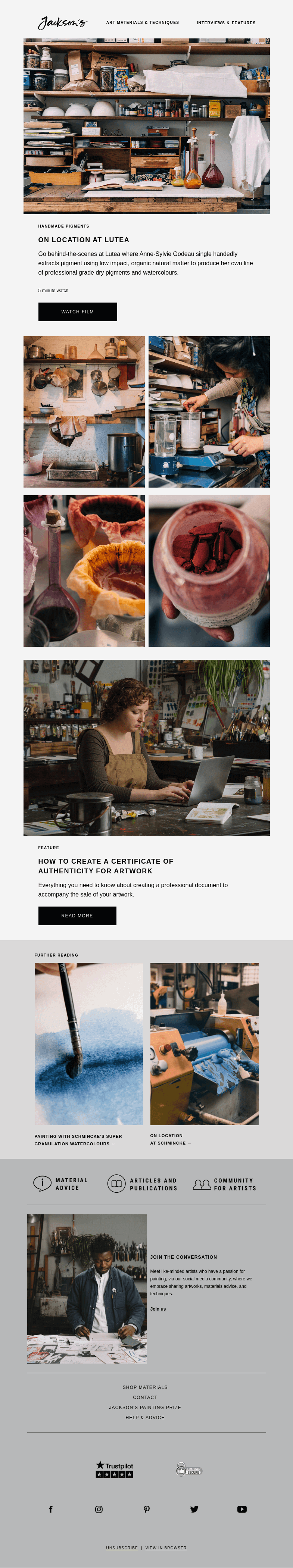 Письмо компании «Jackson's Art» на тему «Handmade Pigments: On Location at Lutea»