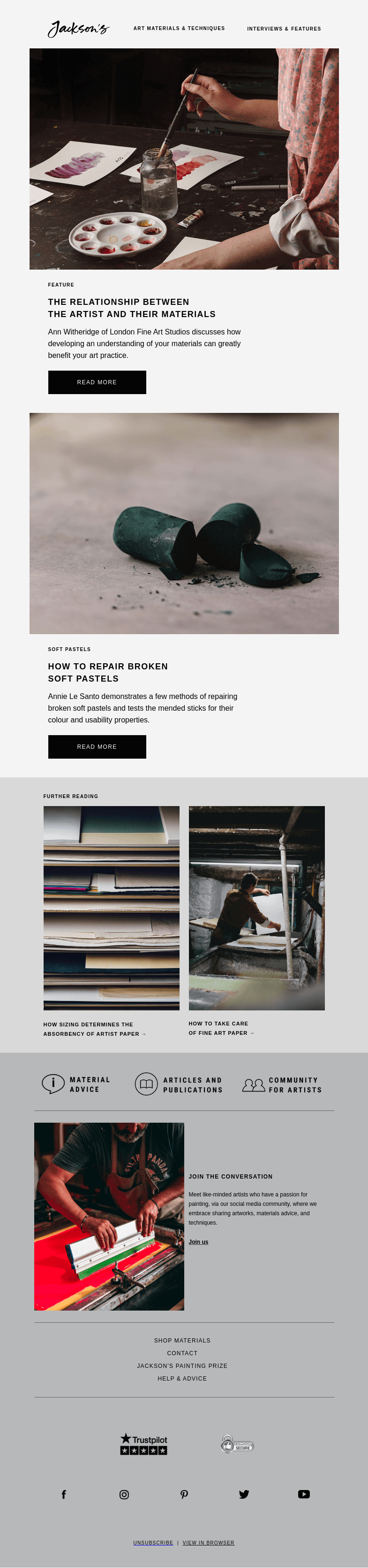 Письмо компании «Jackson's Art» на тему «Read About The Benefits of Understanding Your Materials»