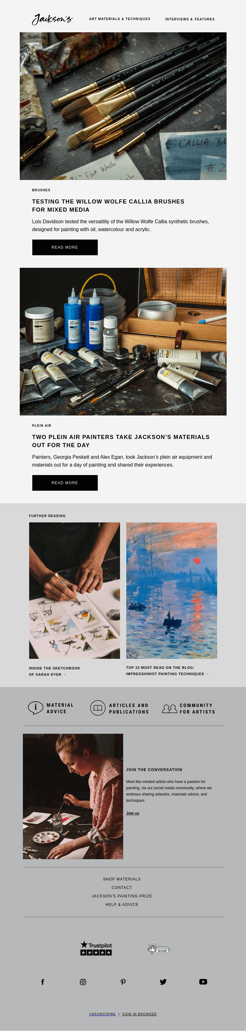 Письмо компании «Jackson's Art» на тему «We Tested Willow Wolfe Callia Mixed Media Brushes»