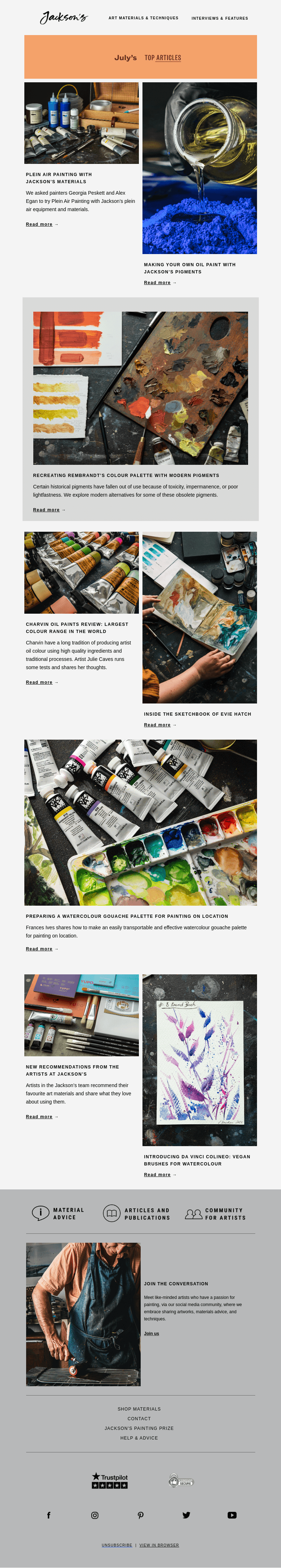 Письмо компании «Jackson's Art» на тему «July's Top Articles»