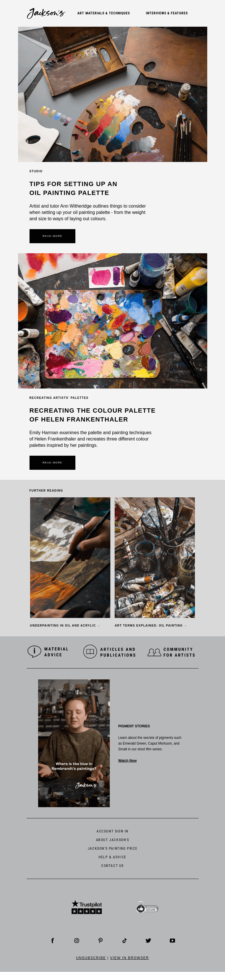 Письмо компании «Jackson's Art» на тему «Expert Advice on Setting Up an Oil Painting Palette»