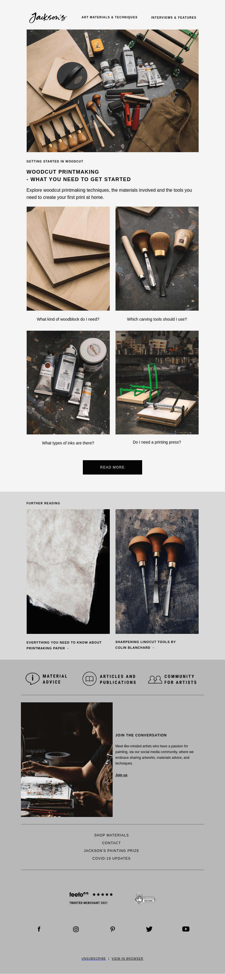 Письмо компании «Jackson's Art» на тему «Woodcut Printmaking»