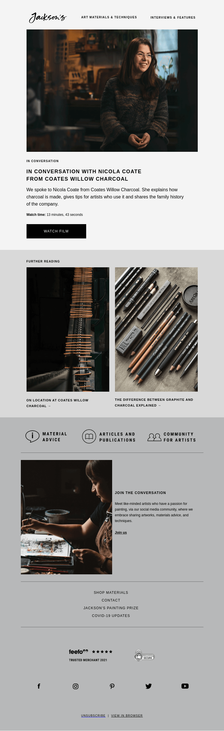 Письмо компании «Jackson's Art» на тему «Coates Willow Charcoal: In Conversation Film With Nicola Coate»