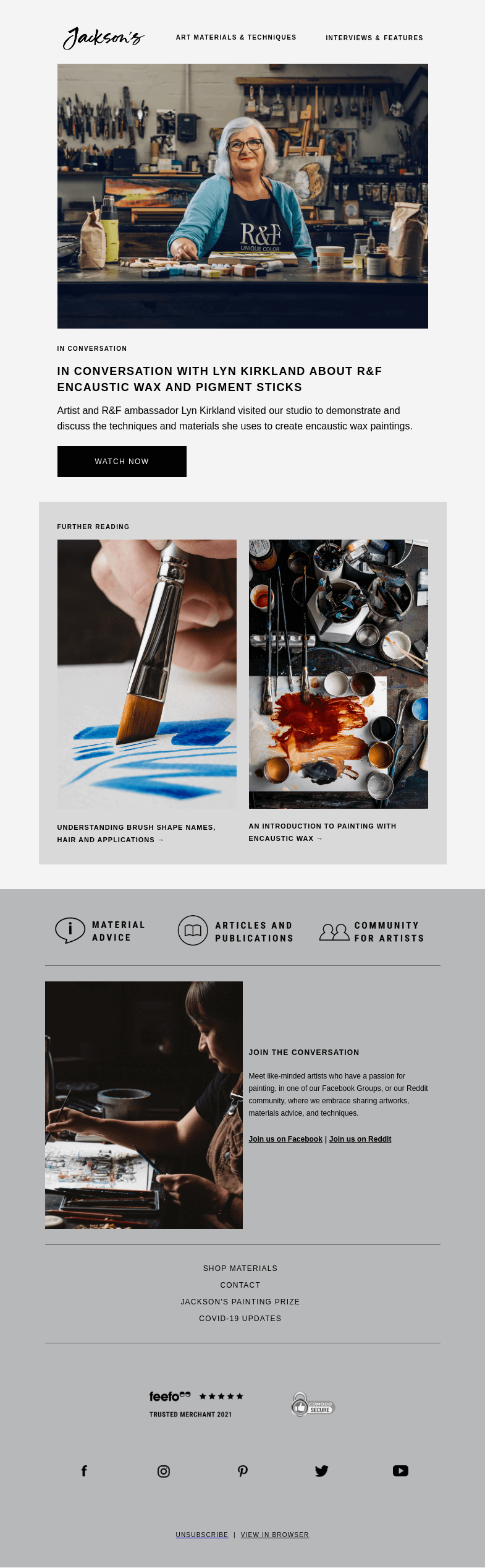 Письмо компании «Jackson's Art» на тему «In Conversation with Lyn Kirkland about R&F Encaustic Wax and Pigment
 Sticks»