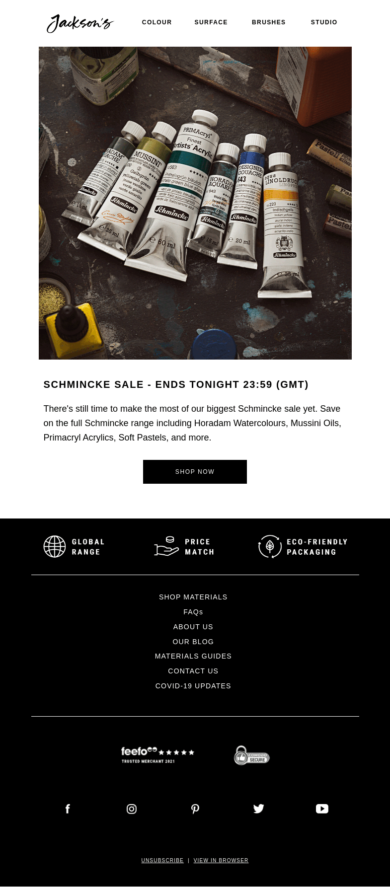 Письмо компании «Jackson's Art» на тему «Schmincke Sale Ends Tonight»