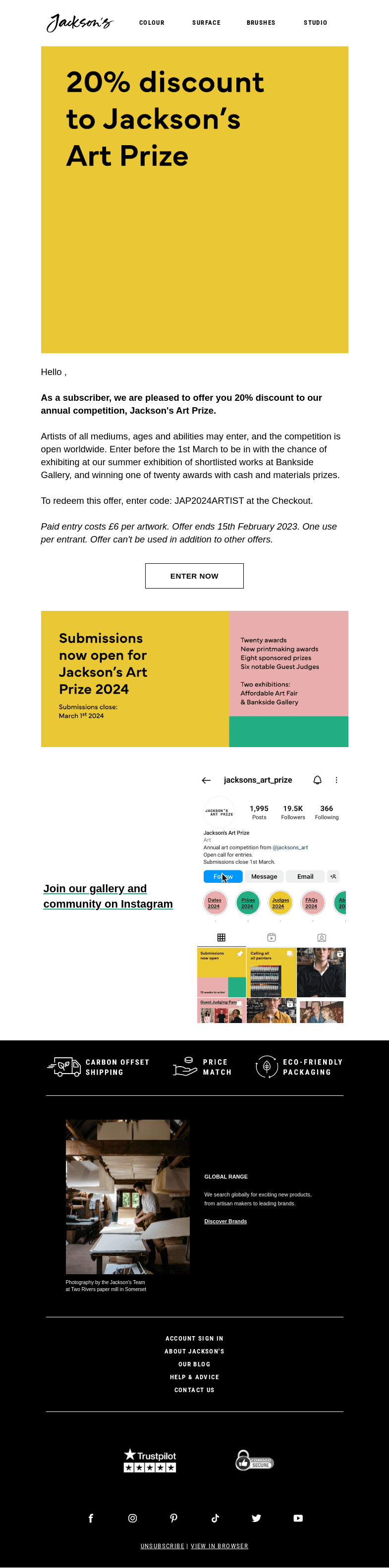 Письмо компании «Jackson's Art» на тему «Good News, Get 20% Discount to Jackson's Art Prize»