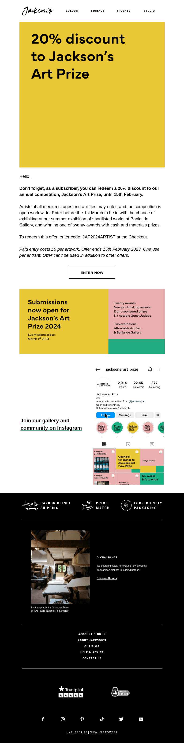 Письмо компании «Jackson's Art» на тему «Don't Forget, Get 20% Discount to Jackson's Art Prize»