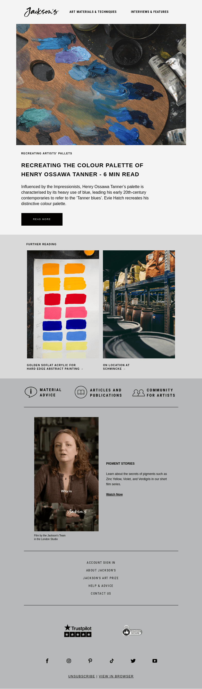 Письмо компании «Jackson's Art» на тему «Recreating the Colour Palette of Henry Ossawa Tanner»