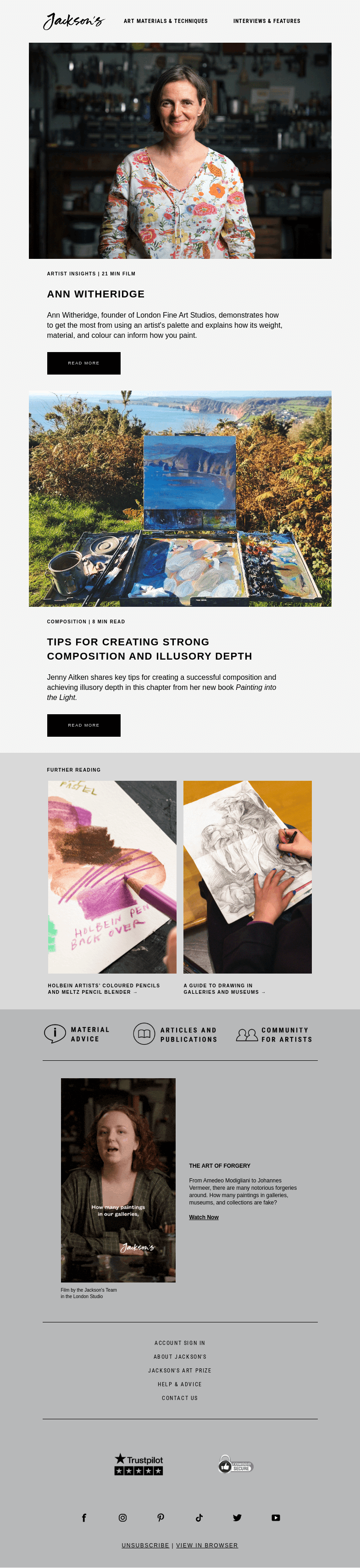 Письмо компании «Jackson's Art» на тему «Artist Insights: Ann Witheridge Shares Her Palette Techniques»