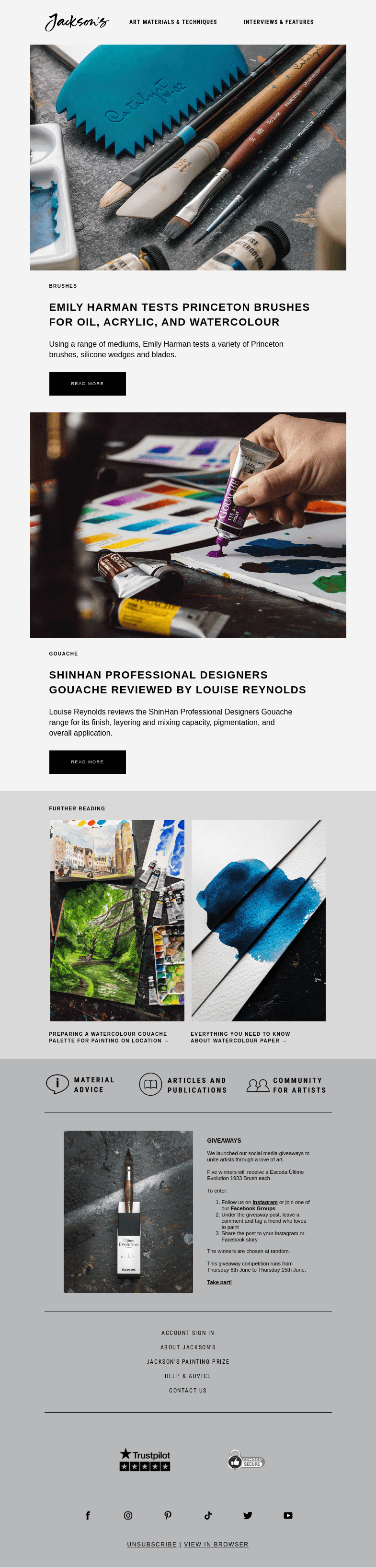 Письмо компании «Jackson's Art» на тему «Emily Harman Tests Princeton Brushes for Oil, Acrylic, and
 Watercolour»