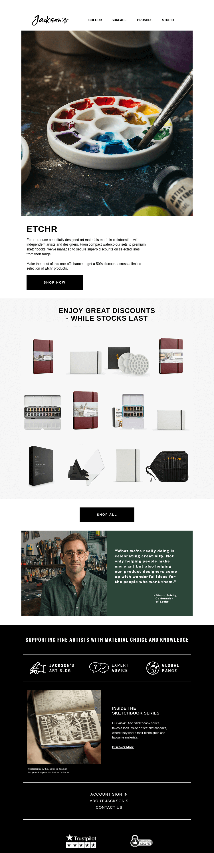 Письмо компании «Jackson's Art - In the Studio» на тему «Etchr Warehouse Sale»