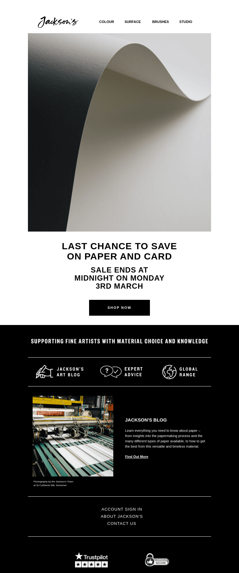 Письмо компании «Jackson's Art - In the Studio» на тему «Last Chance to Save on Paper and Card»