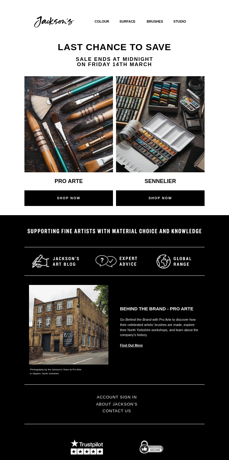 Письмо компании «Jackson's Art - In the Studio» на тему «Last Chance to Save on Sennelier and Pro Arte»