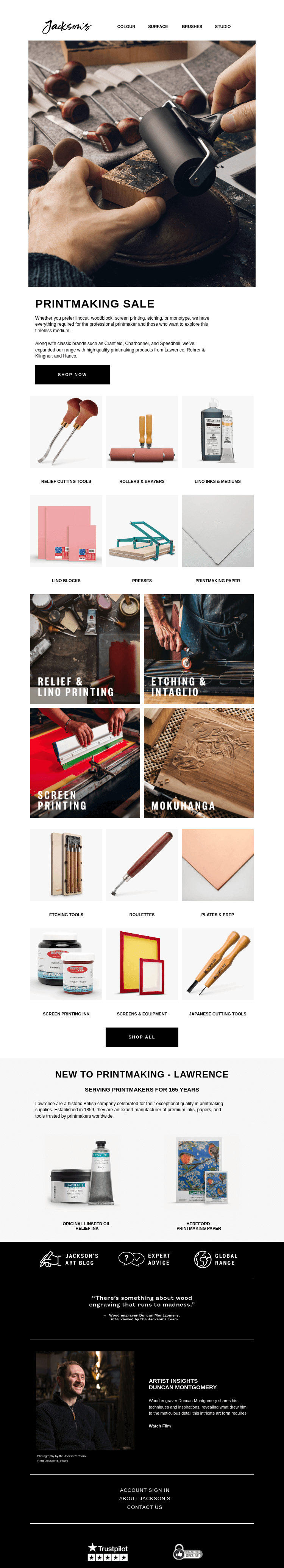 Письмо компании «Jackson's Art - In the Studio» на тему «Printmaking Sale»
