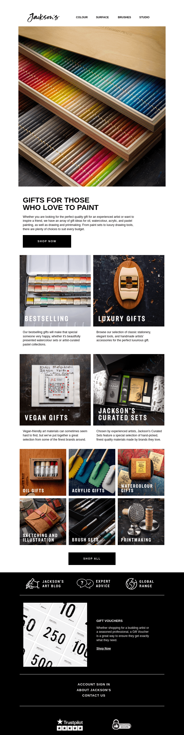 Письмо компании «Jackson's Art - In the Studio» на тему «Gifts for Those Who Love to Paint»