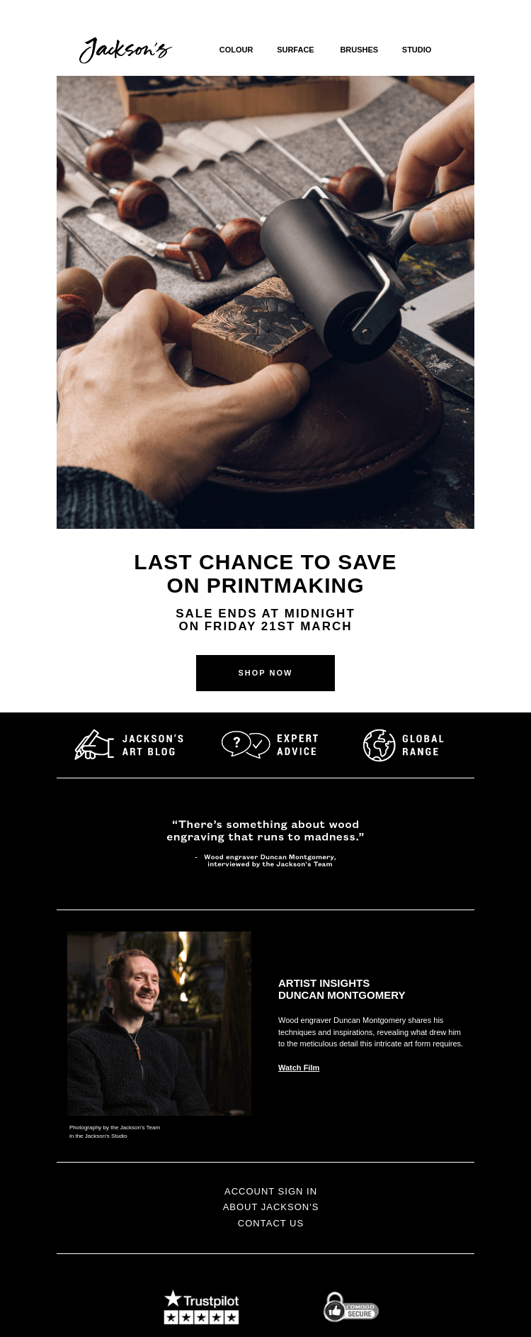 Письмо компании «Jackson's Art - In the Studio» на тему «Last Chance to Save on Printmaking»