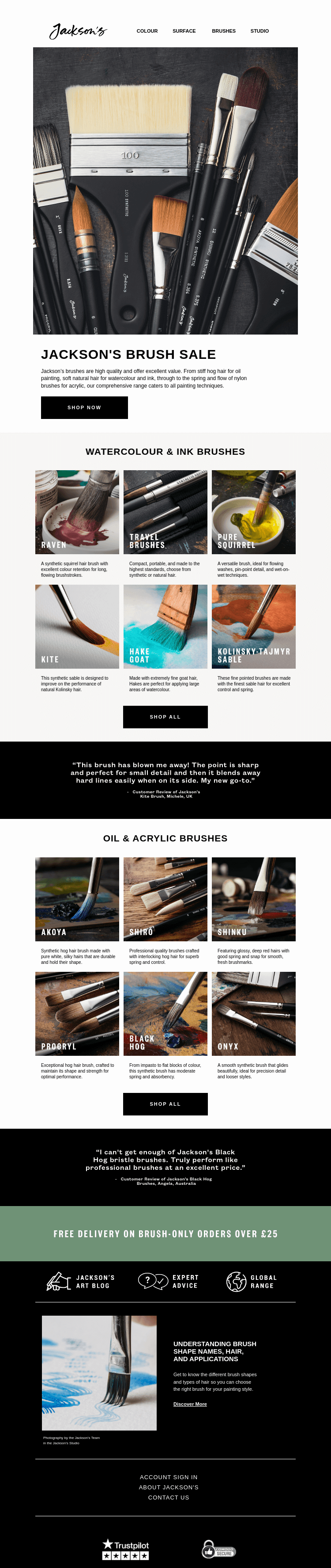 Письмо компании «Jackson's Art - In the Studio» на тему «Jackson's Brush Sale»