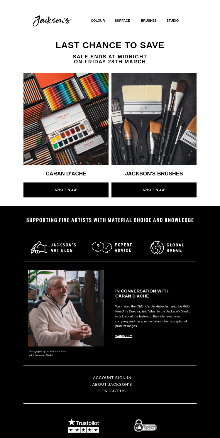 Письмо компании «Jackson's Art - In the Studio» на тему «Last Chance to Save on Caran d'Ache and Jackson's Brushes»