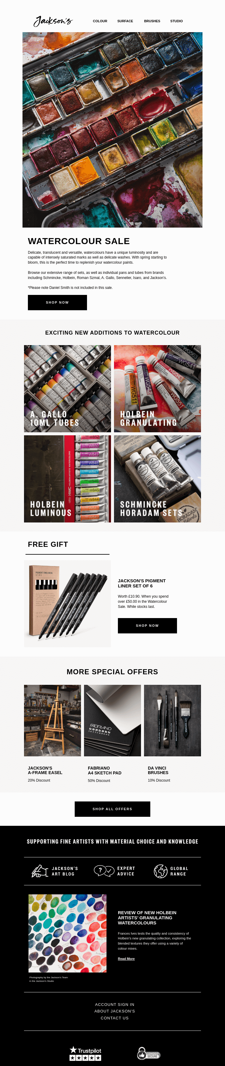 Письмо компании «Jackson's Art - In the Studio» на тему «Save on Watercolour, Da Vinci Brushes, and more»