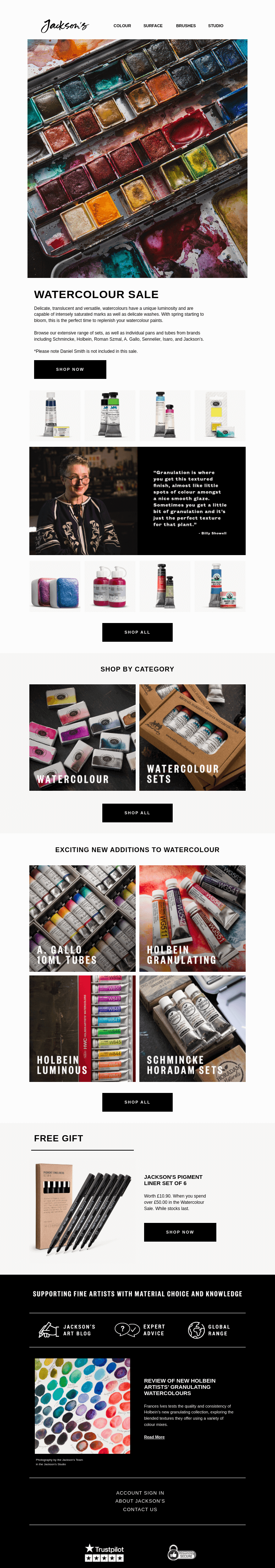 Письмо компании «Jackson's Art - In the Studio» на тему «Watercolour Sale»