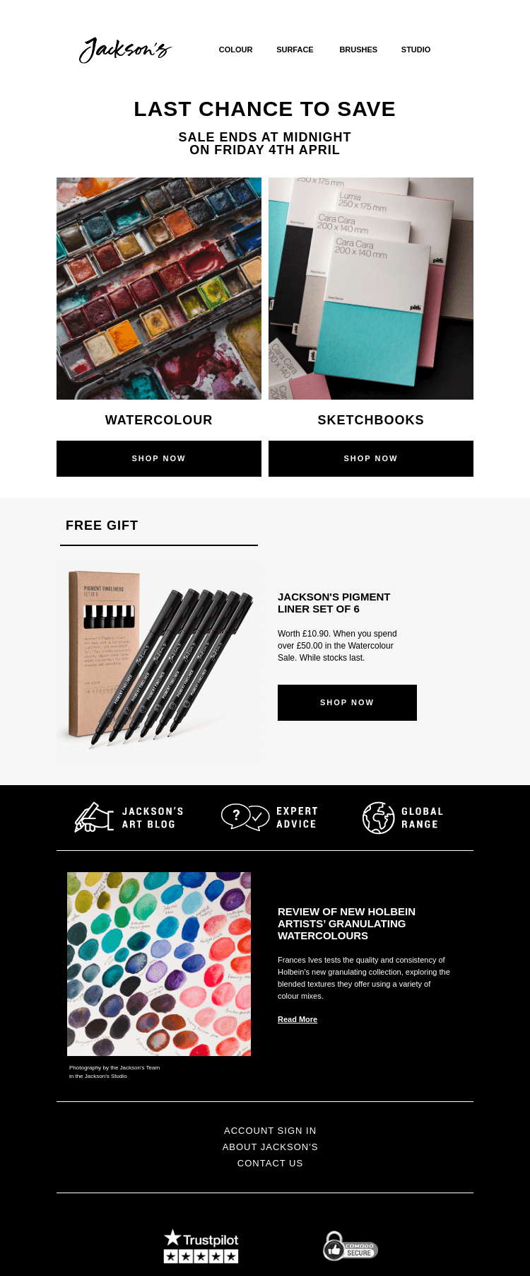 Письмо компании «Jackson's Art - In the Studio» на тему «Last Chance to Save on Watercolour and Sketchbooks»