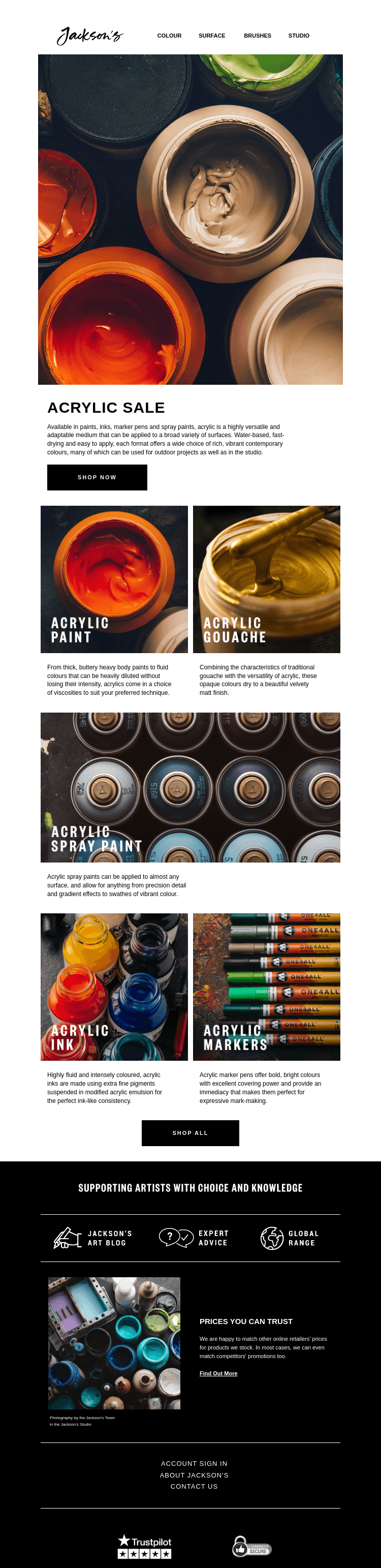 Письмо компании «Jackson's Art - In the Studio» на тему «Acrylic Colour Sale»