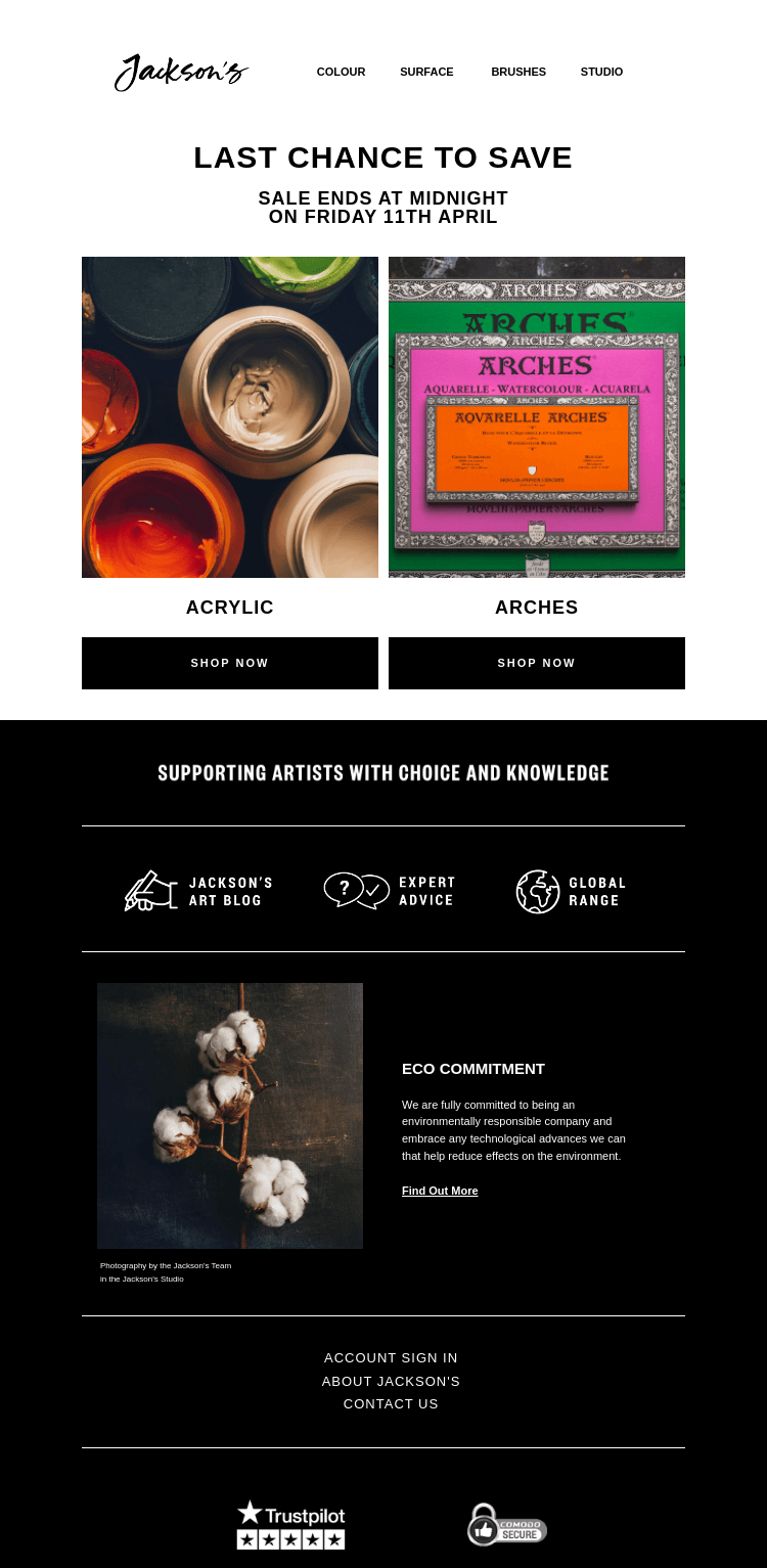 Письмо компании «Jackson's Art - In the Studio» на тему «Last Chance to Save on Acrylics and Arches»