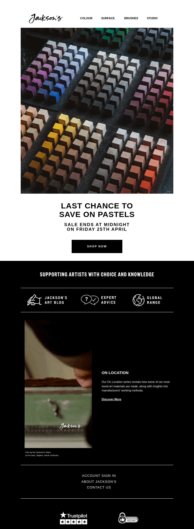 Письмо компании «Jackson's Art - In the Studio» на тему «Last Chance to Save on Pastels»