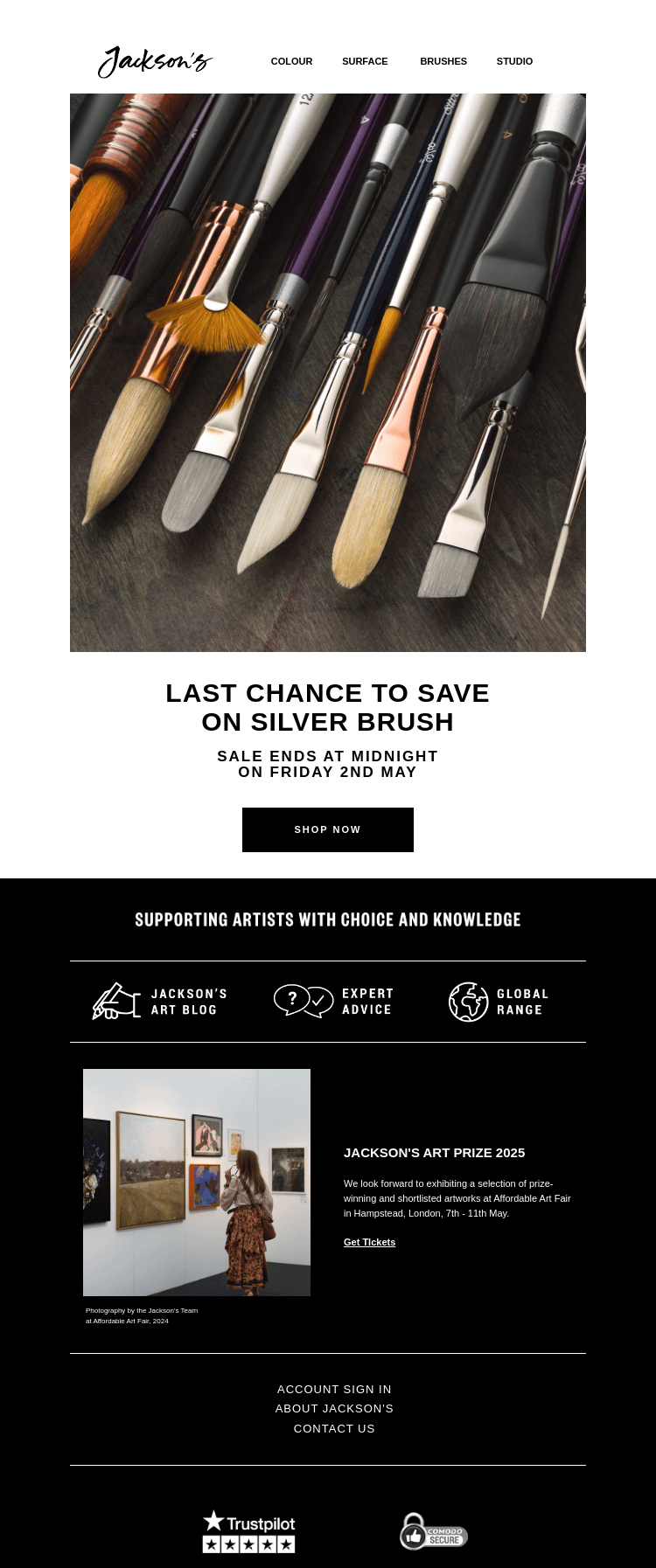 Письмо компании «Jackson's Art - In the Studio» на тему «Last Chance to Save on Silver Brush»