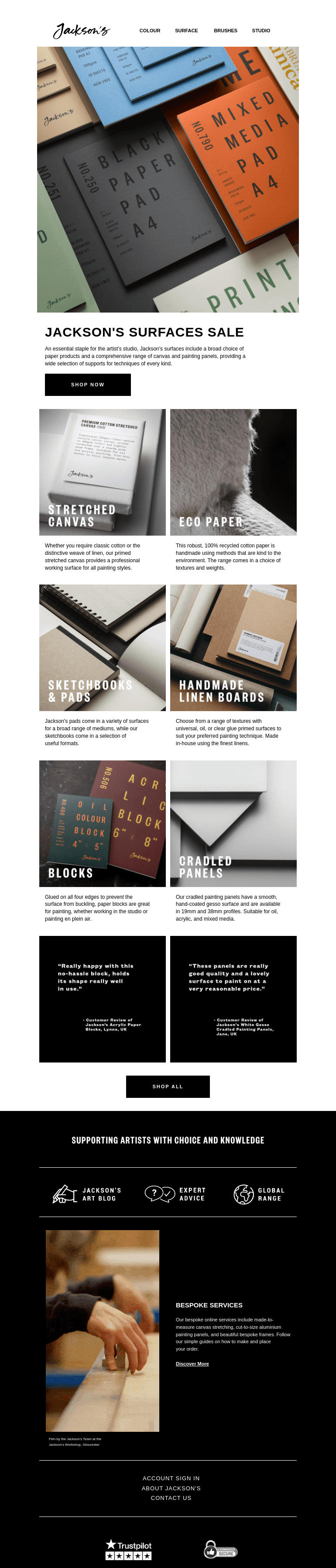 Письмо компании «Jackson's Art - In the Studio» на тему «Jackson's Surfaces Sale»