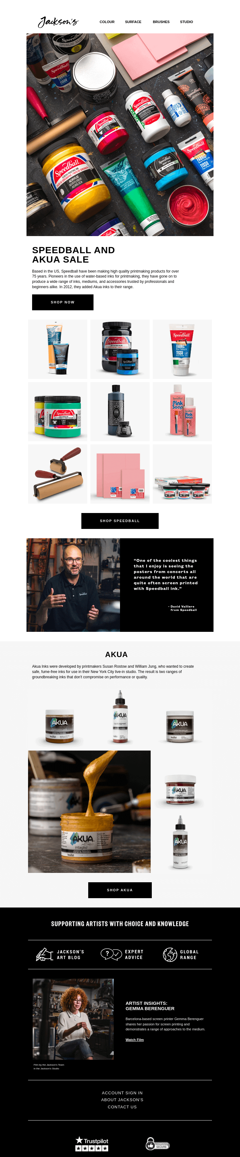 Письмо компании «Jackson's Art - In the Studio» на тему «Speedball and Akua Sale»