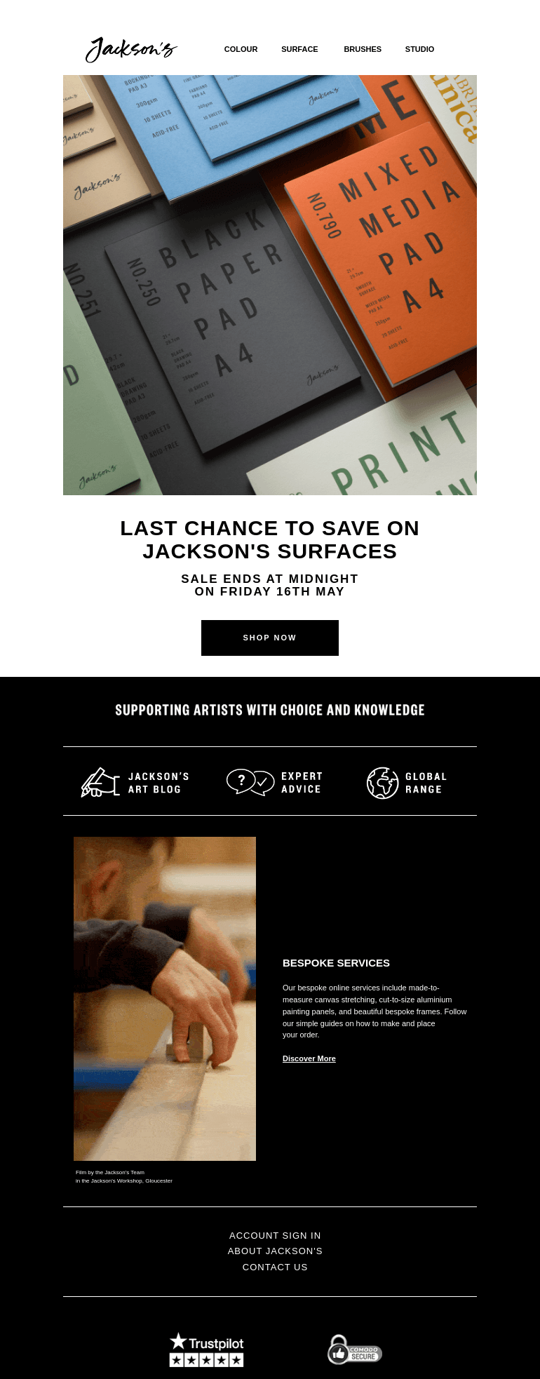 Письмо компании «Jackson's Art - In the Studio» на тему «Last Chance to Save on Jackson's Surfaces»