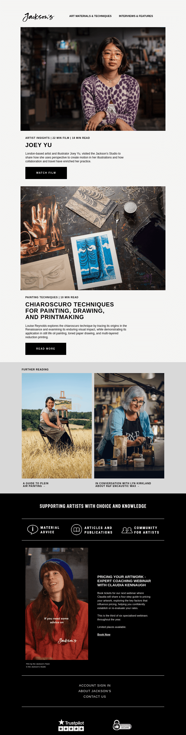 Письмо компании «Jackson's Art - In the Studio» на тему «Artist Insights: Artist and Illustrator Joey Yu»