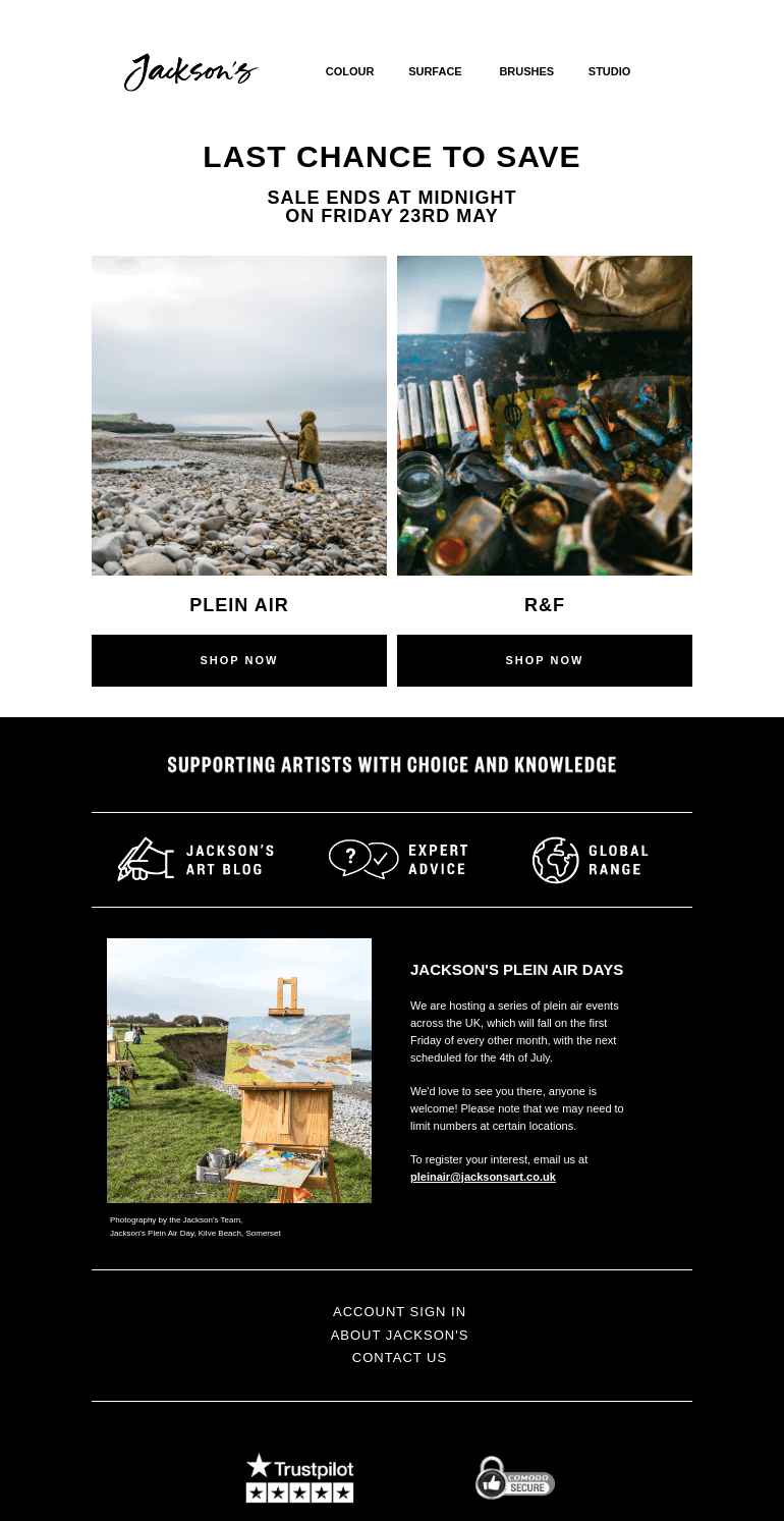 Письмо компании «Jackson's Art - In the Studio» на тему «Last Chance to Save on Plein Air and R&F»